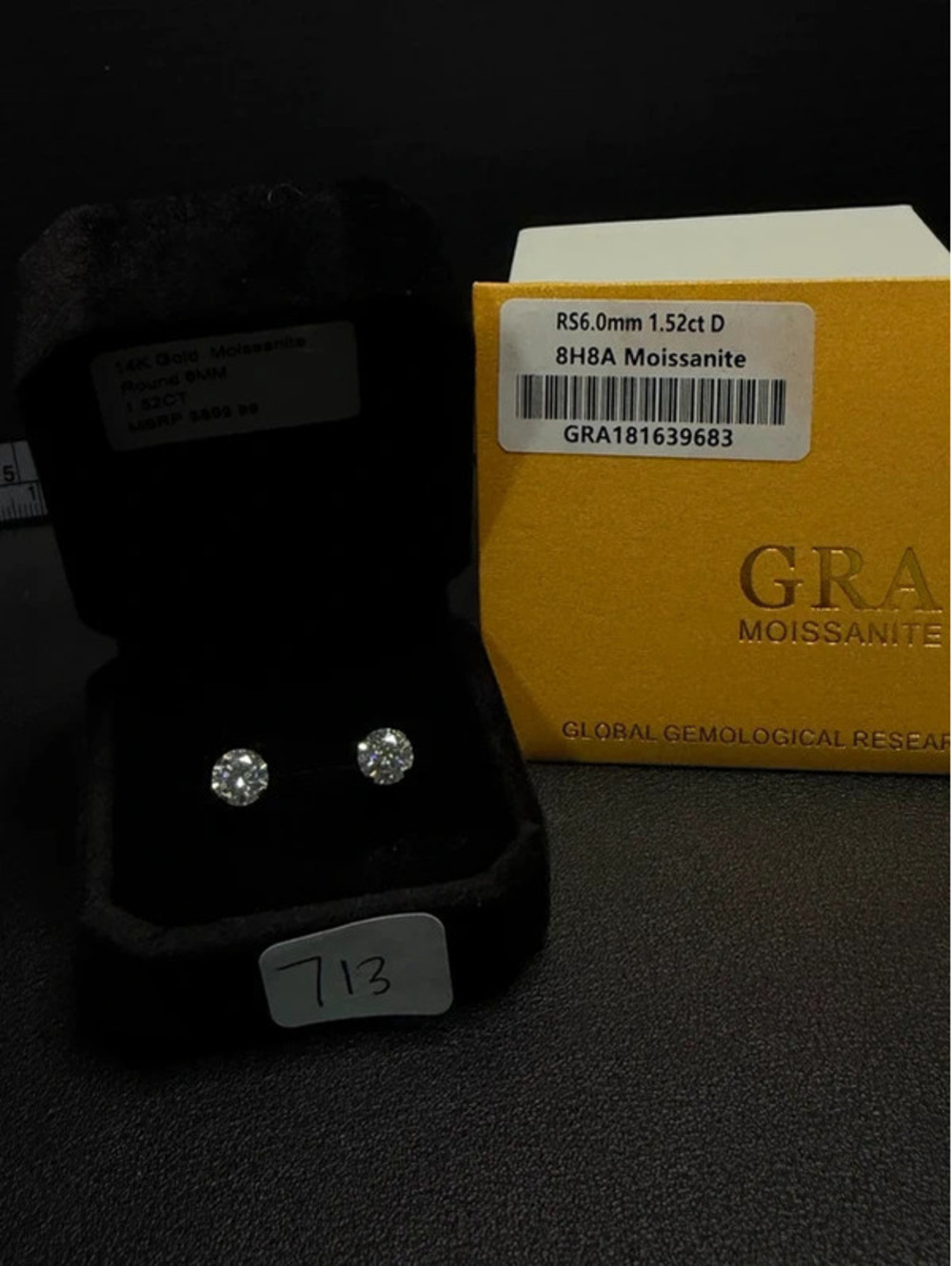 #713 14K Gold 1.52ct Moissanite Stud Earrings – 6mm Round – GRA